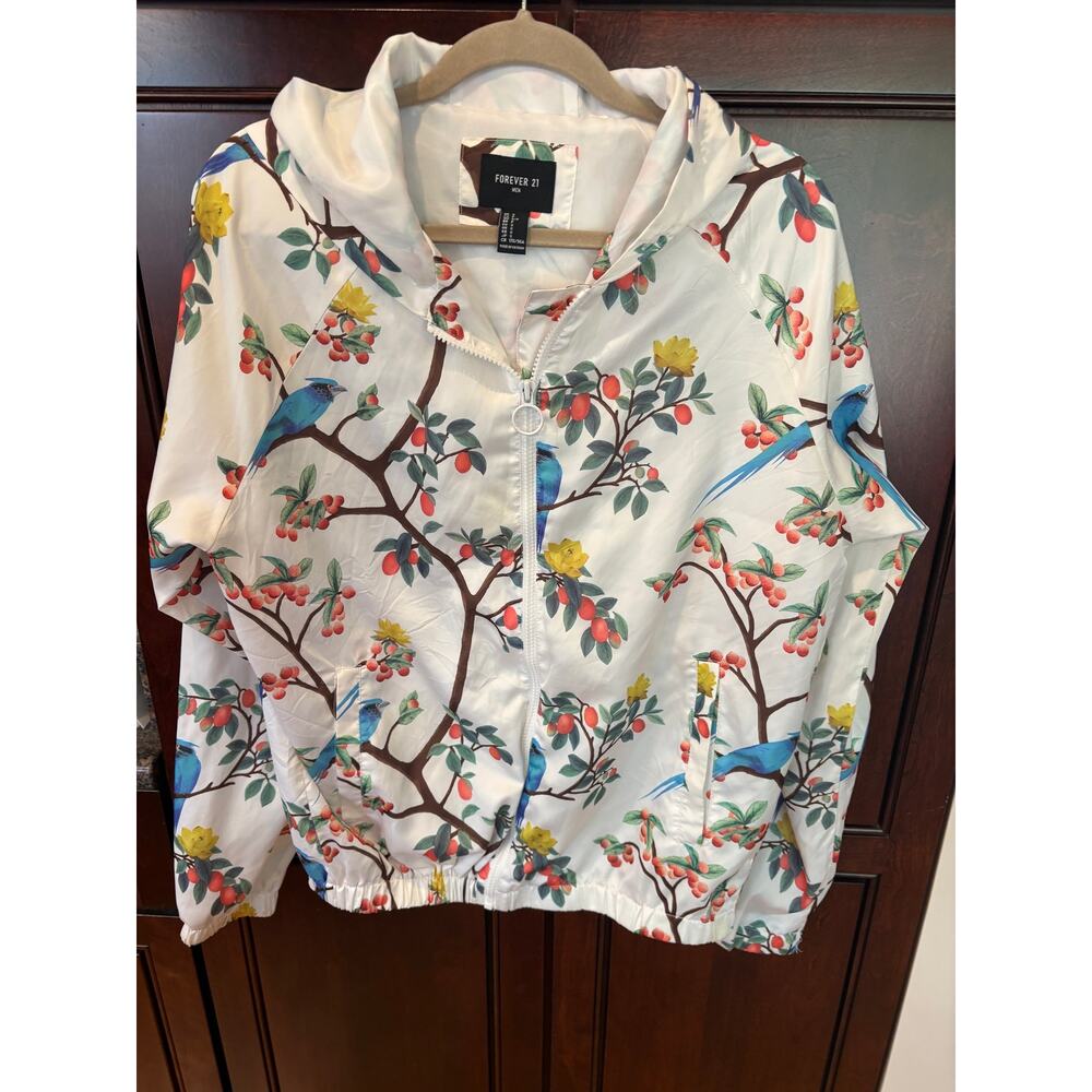 Forever 21 White Birds of Paradise Print Windbreaker Jacket Size S